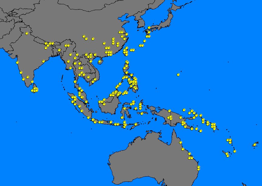 Records for T. silhetenesis; one further record from Samoa is not shown on this map