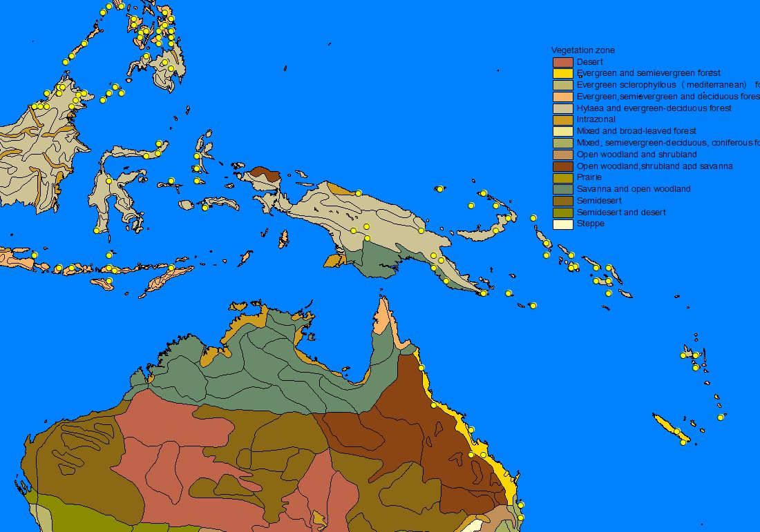 vegetation zones: records in Australia follow eastern rainforest